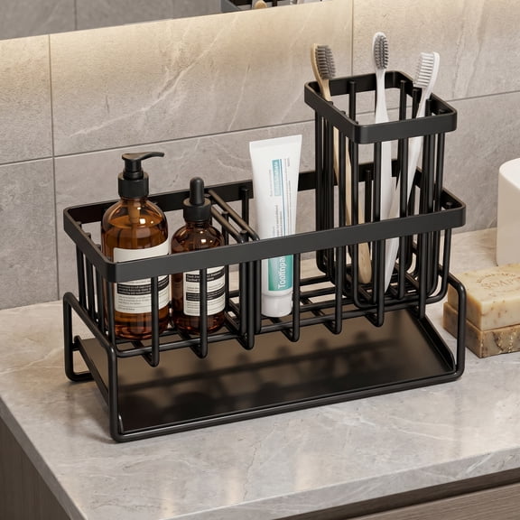Kitchen Sink Caddy, Sponge Stand for Kitchen Sink with Drainage Tray, Rustproof Countertop Organizer and Storage for Sponges, Brushes, Soap, and Utensils, Black
