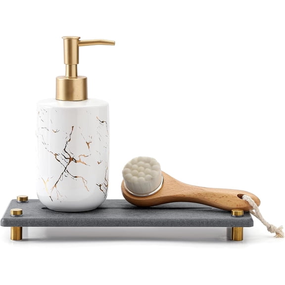 Kitchen Sink Caddy Water Absorbing Stone Drying Tray, Diatomite Bathroom Sink Organizer, Faucet Counter Mat Coaster, Soap Dish Rack Riser Dispenser Sponge Holder, Dark Gray Gold 10" x 4"