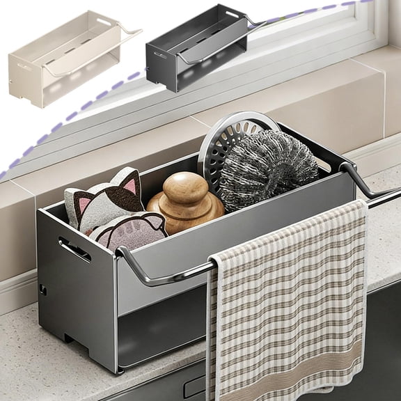 Kitchen Sink Caddy organizer with Auto-Draining Tray - Sponge & Brush Holder Countertop Storage for Soap & Utensils Plastic, Gray, JASKFLY