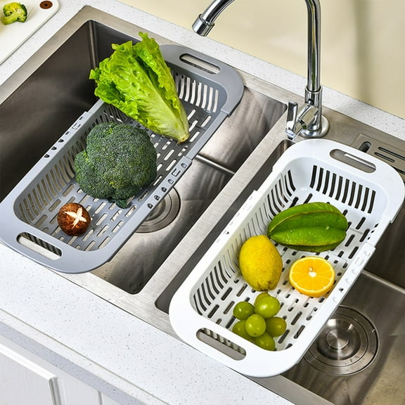 Kitchen Sink Colander Basket - Expandable Over Sink Plastic Strainer, Adjustable Draining Basket for Vegetables, Cups & Dish Drying Rack, 35–45cm, White/Blue/Gray
