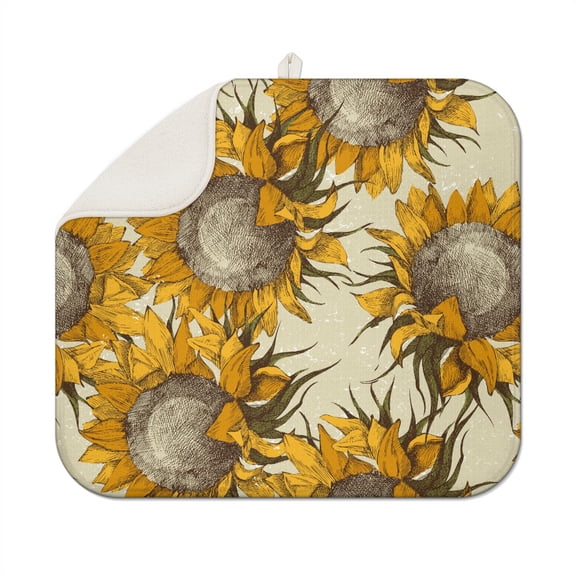 Kitchen Sink Dish Drying Mat with Sunflower Pattern, Microfiber Foldable Pad, Absorbent Floral Dish Rack Mat, 16x18 Inch