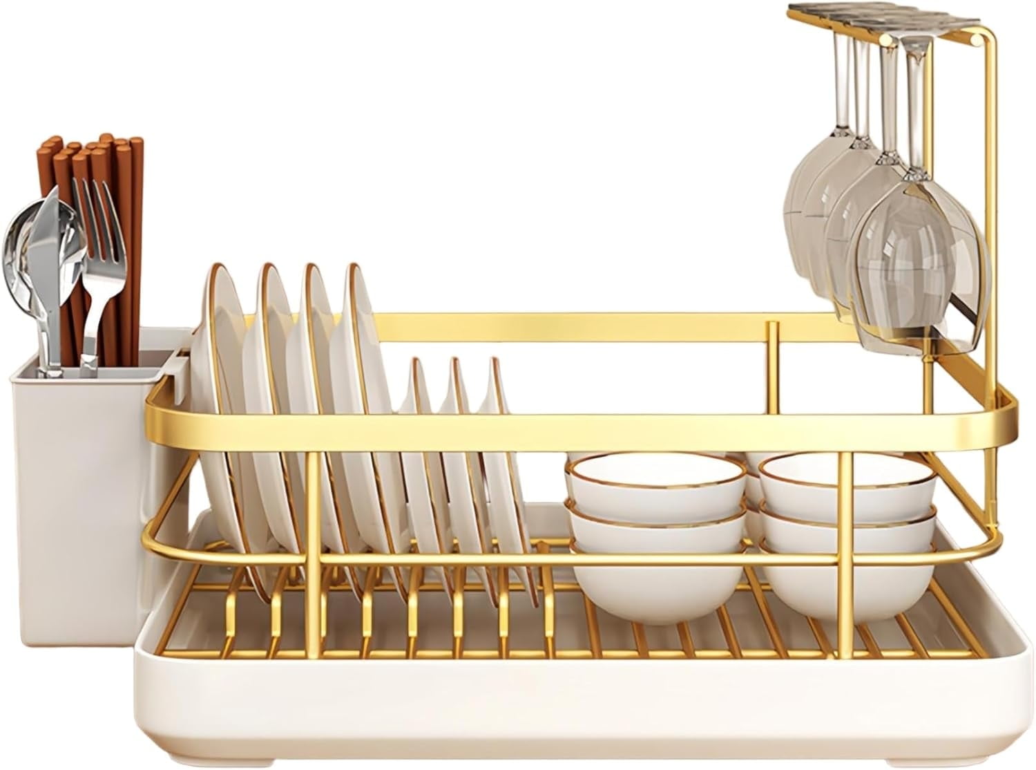 Kitchen Sink Dish Drying Rack: Drying Dish Rack, 2025 New Multifunctional Dish Rack with Drainer Tray, Chopstick Holder, and Wine Glass Rack, Dish Drainers for Kitchen Counter (Gold Upgraded)