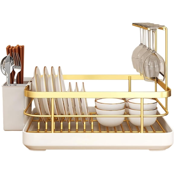 Kitchen Sink Dish Drying Rack: Drying Dish Rack, 2025 New Multifunctional Dish Rack with Drainer Tray, Chopstick Holder, and Wine Glass Rack, Dish Drainers for Kitchen Counter (Gold Upgraded)