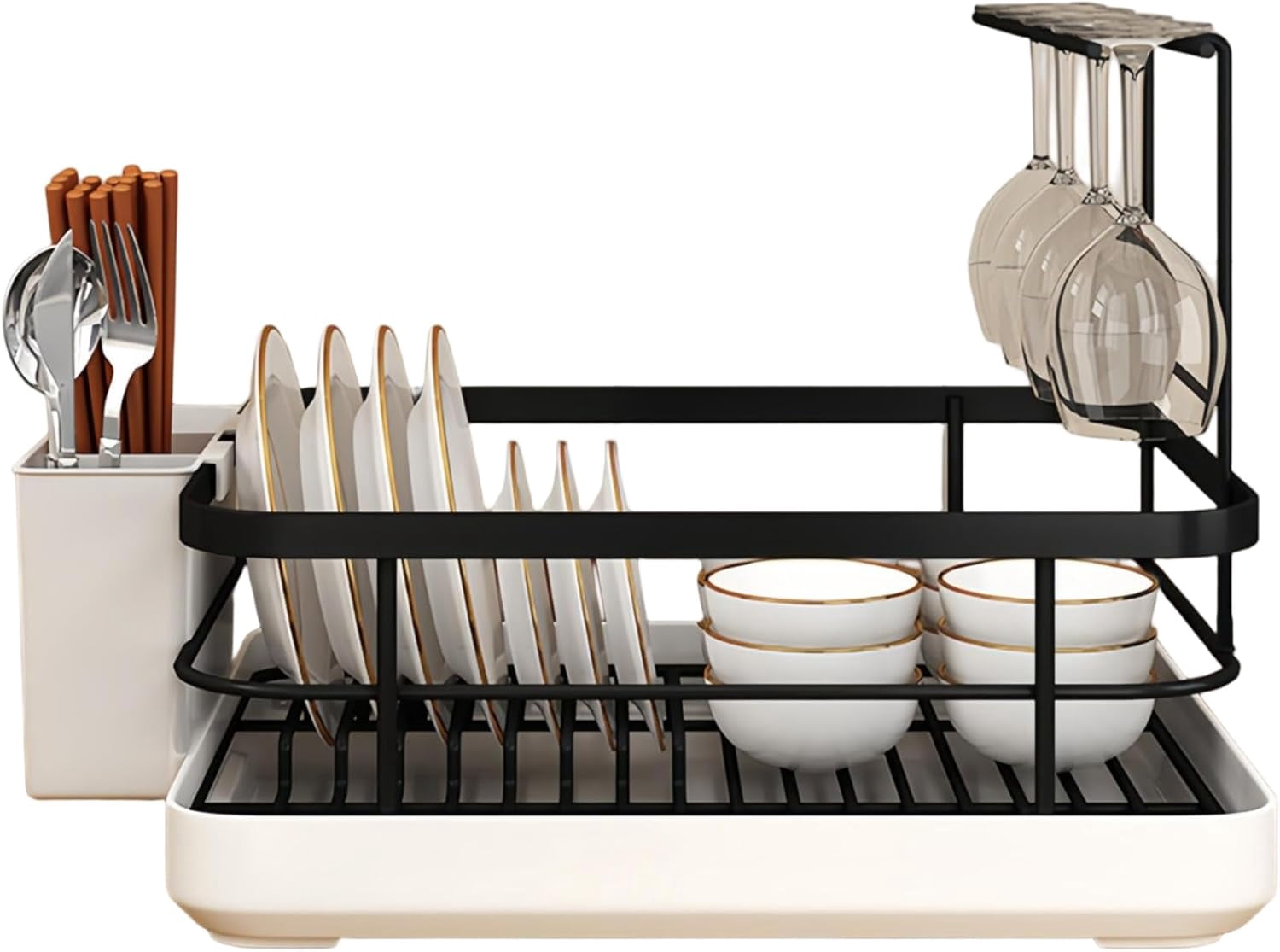 Kitchen Sink Dish Drying Rack: Drying Dish Rack, 2025 New Multifunctional Dish Rack with Drainer Tray, Chopstick Holder, and Wine Glass Rack, Dish Drainers for Kitchen Counter (Black Upgraded)