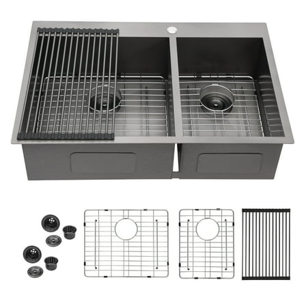 Kitchen Sink Double Bowl Drop in Sink- 33"x22" Gunmetal Black Double Bowl Kitchen Sink 18 Gauge with Two 9" Deep Basin,Stainless Steel Kitchen Sink