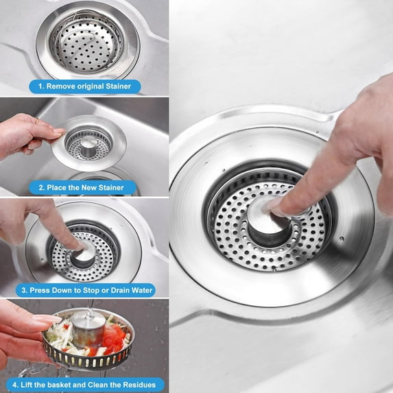 Kitchen Sink Drain Stopper,Stainless Steel 3 in 1 kitchen sinks drain strainer,Kitchen Drain Strainer & Stopper With Basket Stainless Drain Plug Cover Catcher For Waste Accessories For Kitchen,Silver