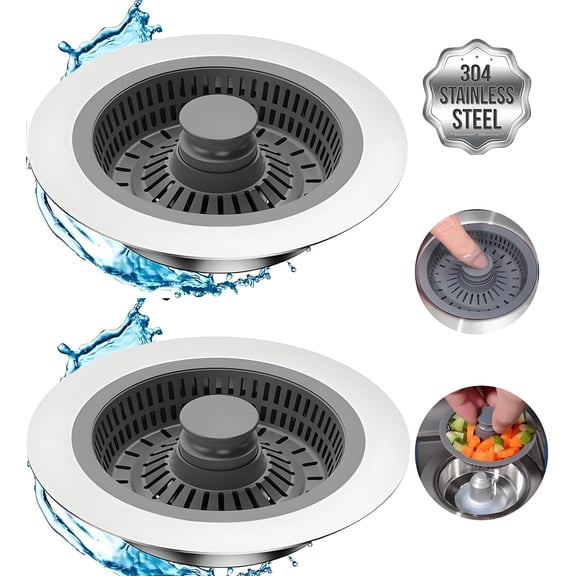Kitchen Sink Drain Strainer 2 Pack, 3 in 1 Pop-up Stainless Steel Sink Stopper, Large Capacity Anti Clogging Basket Sink Filter with Handle Rod for American Standard 3-1/2 inch Drain Pipes Strainer