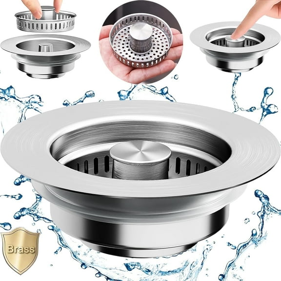 Upgraded 3 in 1 Kitchen Sink Drain Strainer - Stainless Steel Sink Stopper, Anti-Clogging Sink Food Catcher Basket, Fast Drainage Odor Filter Sink Plug (Silver-1Pack)