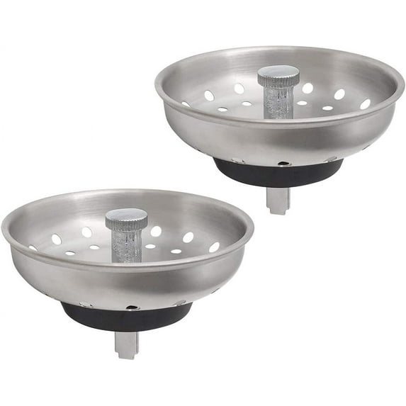 Kitchen Sink Drain Strainer Replacement for 3-1/2 Inch Standard Drain, Basket Rubber Stopper, 304 Stainless Steel Brushed Nickel Metal Knob silver 2PCS
