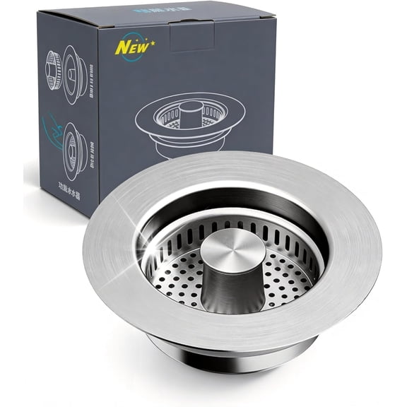 Kitchen Sink Drain Strainer and Stopper Combo, 3 in 1 Stainless Steel Sink Stopper with Anti-Clog & Odor Control, Standard 3-1/2 Inch Drain Fit Drain Hole