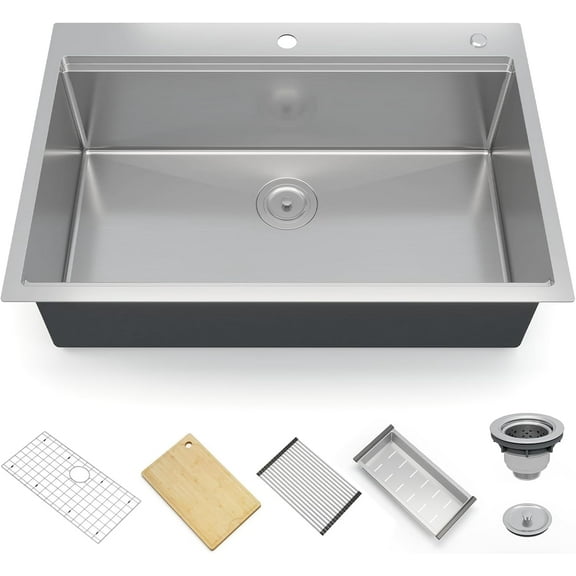 Kitchen Sink,Drop in Single Bowl Stainless Steel Bar Sink with Cutting Board,Undermount Workstation Kitchen Sink with Accessories