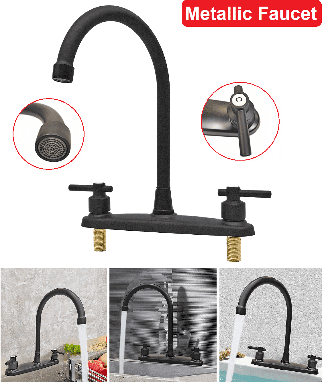 Kitchen Sink Faucet 2 Handle 8 Inch Centerset High Arc 360° Swivel Hot & Cold Faucet for Rv Camper Laundry Utility Bar Sinks Metallic RV Kitchen Faucet (Fit for 8 inch 2 or 3 Holes), Matte Black