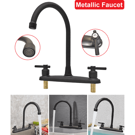 Kitchen Sink Faucet 2 Handle 8 Inch Centerset High Arc 360° Swivel Hot & Cold Faucet for Rv Camper Laundry Utility Bar Sinks Metallic RV Kitchen Faucet (Fit for 8 inch 2 or 3 Holes), Matte Black