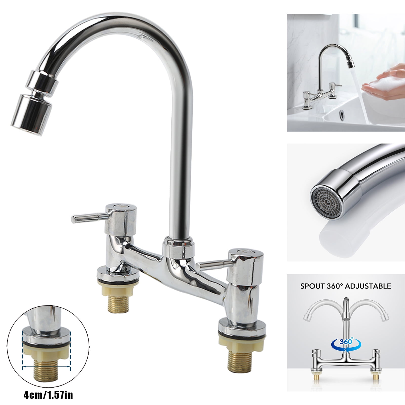 Kitchen Sink Faucet 2 Handle, High Arc Kitchen Faucets 360-Degree Swivel Spout Hot & Cold Faucet 2 Hole for Utility Laundry Farmhouse Bar Sink Mixer Tap, Silver