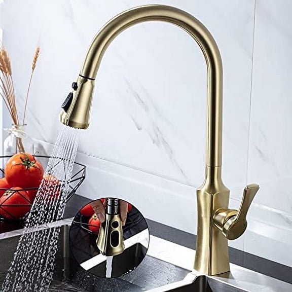 Kitchen Sink Faucet for Bar Farmhouse Commercial, Brushed Gold Kitchen Faucet, Pull Out Mixer Tap, 360 Degree Rotation Stream Sprayer Nozzle, Kitchen Sink Hot Cold Taps