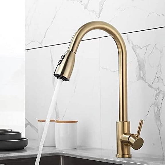 Kitchen Sink Faucet for Bar Farmhouse Commercial, Brushed Gold Kitchen Faucet, Single Handle Pull Out Kitchen Tap, Single Hole 1 Handle Swivel Kitchen Mixer Tap