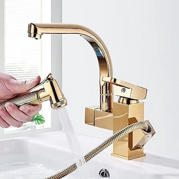 Kitchen Sink Faucet for Bar Farmhouse Commercial, Gold Faucet, Stainless Steel Pull Out Kitchen Faucets, Rotatable Mixer, Deck Mounted Water Sink Taps