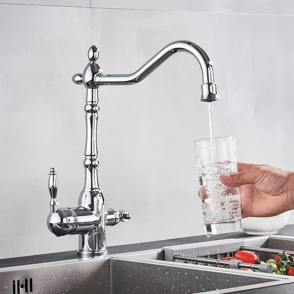 Kitchen Sink Faucet for Bar Farmhouse Commercial, Gold Kitchen Filter Faucet, Pure Water 360 Rotation Kitchen Sink Crane, Dual Handle Dual Water Function Mode Filter Mixer Taps