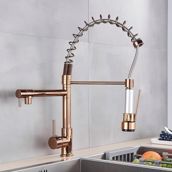 Kitchen Sink Faucet for Bar Farmhouse Commercial, Rose Gold Black Style Kitchen Spring Faucet, Pull Down Dual Spouts Single Handle Water Mixer Tap, 360 Rotation Kitchen Mixer Tap