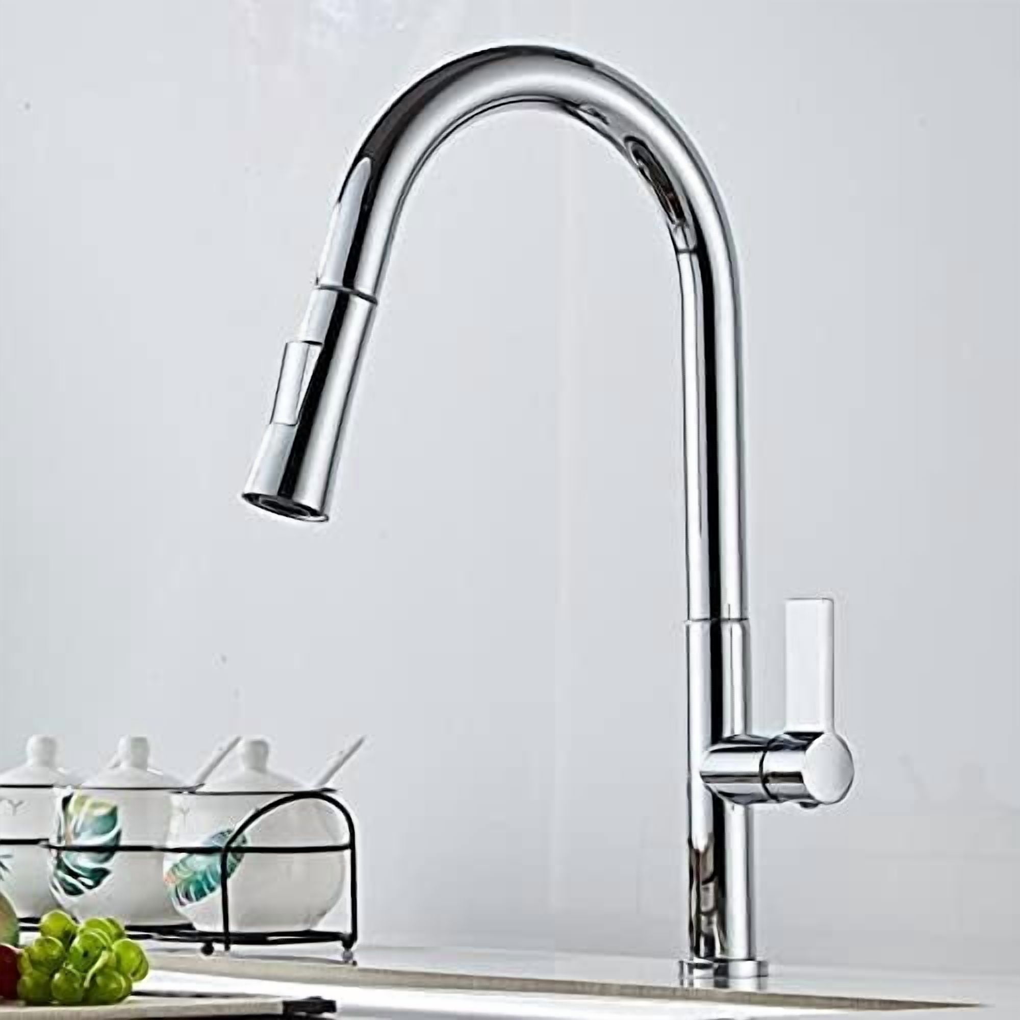 Kitchen Sink Faucet for Bar Farmhouse Commercial, Single Handle Pull Out Kitchen Tap, Swivel Degree Water Mixer Tap, Chrome Spring Button Nozzle Kitchen Faucets