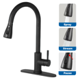thumbnail image 1 of Kitchen Sink Faucet Black with Pause Button, High Arc Single Handle Kitchen Sink Faucets with Pull Down Sprayer Mix Hot and Cold Water with Deck Plate, Suit to 1 or 3 Holes, 1 of 10