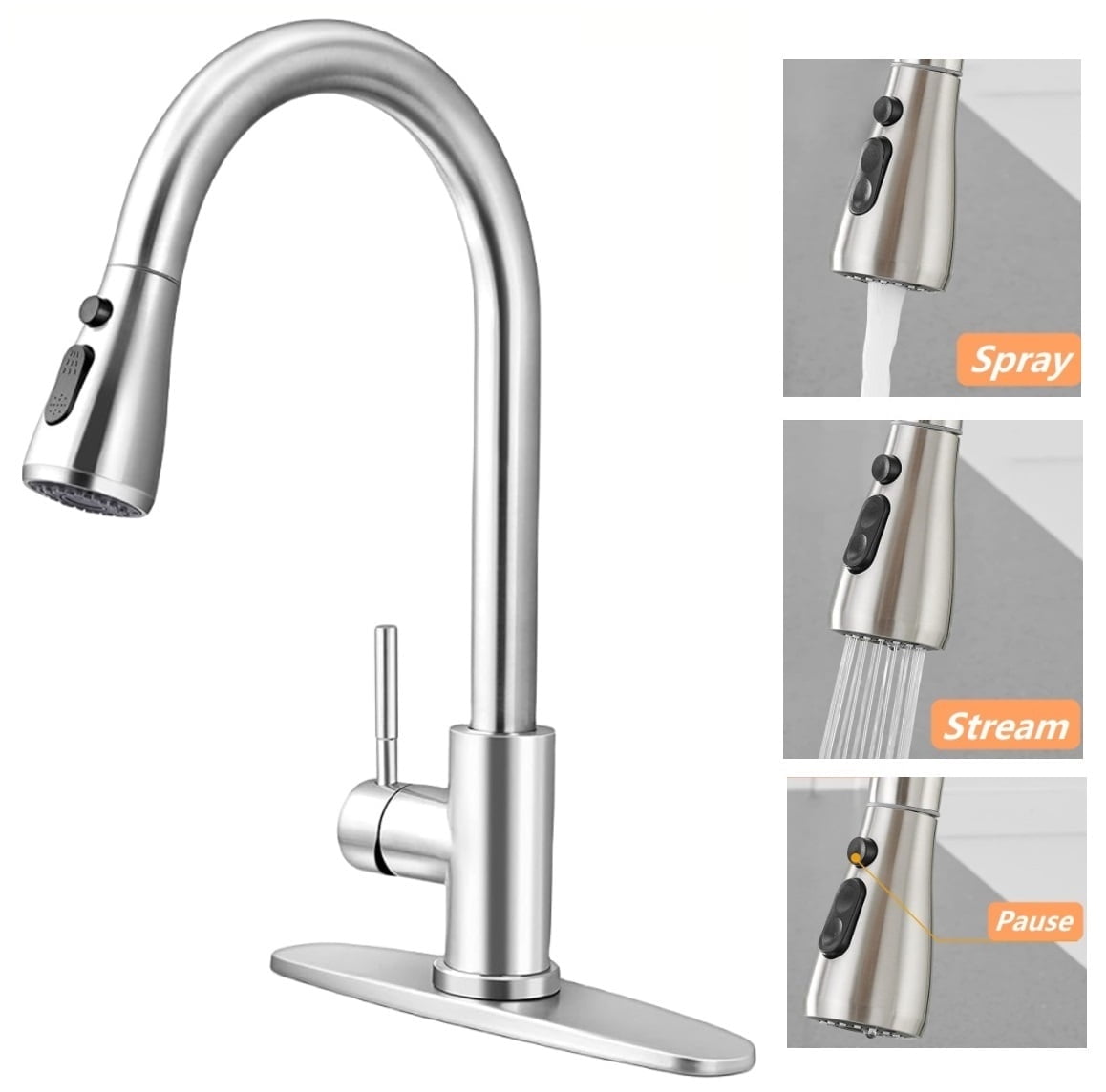 Kitchen Sink Faucet Brushed Nickel with Pause Button, High Arc Single Handle Kitchen Sink Faucets with Pull Down Sprayer Mix Hot and Cold Water with Deck Plate, Suit to 1 or 3 Holes