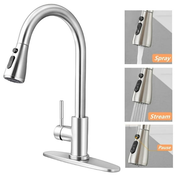 Kitchen Sink Faucet Brushed Nickel with Pause Button, High Arc Single Handle Kitchen Sink Faucets with Pull Down Sprayer Mix Hot and Cold Water with Deck Plate, Suit to 1 or 3 Holes