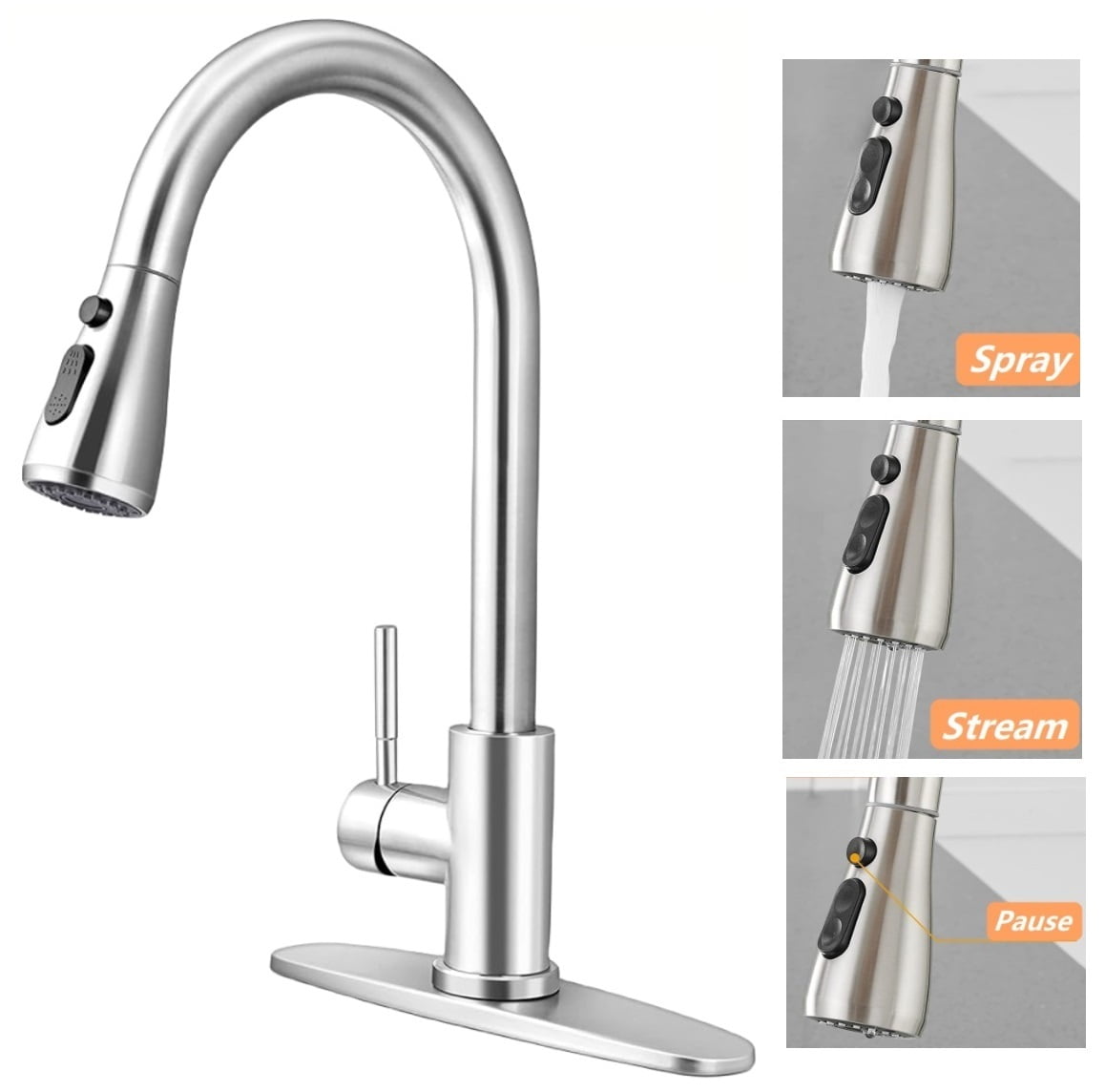 Kitchen Sink Faucet Brushed Nickel with Pause Button, High Arc Single Handle Kitchen Sink Faucets with Pull Down Sprayer Mix Hot and Cold Water with Deck Plate, Suit to 1 or 3 Holes