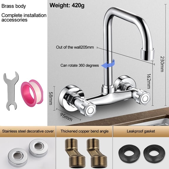 Kitchen Sink Faucet Double Hole Wall-Mounted Basin Faucet Balcony Laundry Table Mop Washbasin Hot And Cold Water Mixing Valve