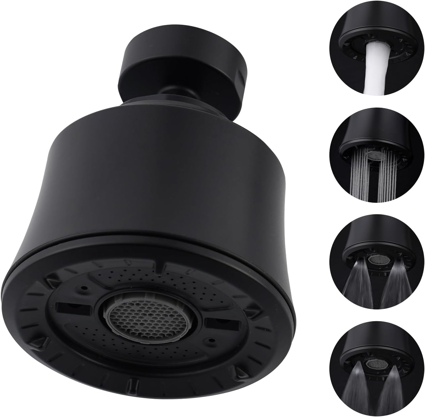 Kitchen Sink Faucet Head with Metal Ball Joint, 360° Swivel Faucet Sprayer Head, Big Angle Faucet Aerator Adapter 55/64-27UNS Female Thread, 4 Spray Modes, Extra Metal Adapters, Matte Black