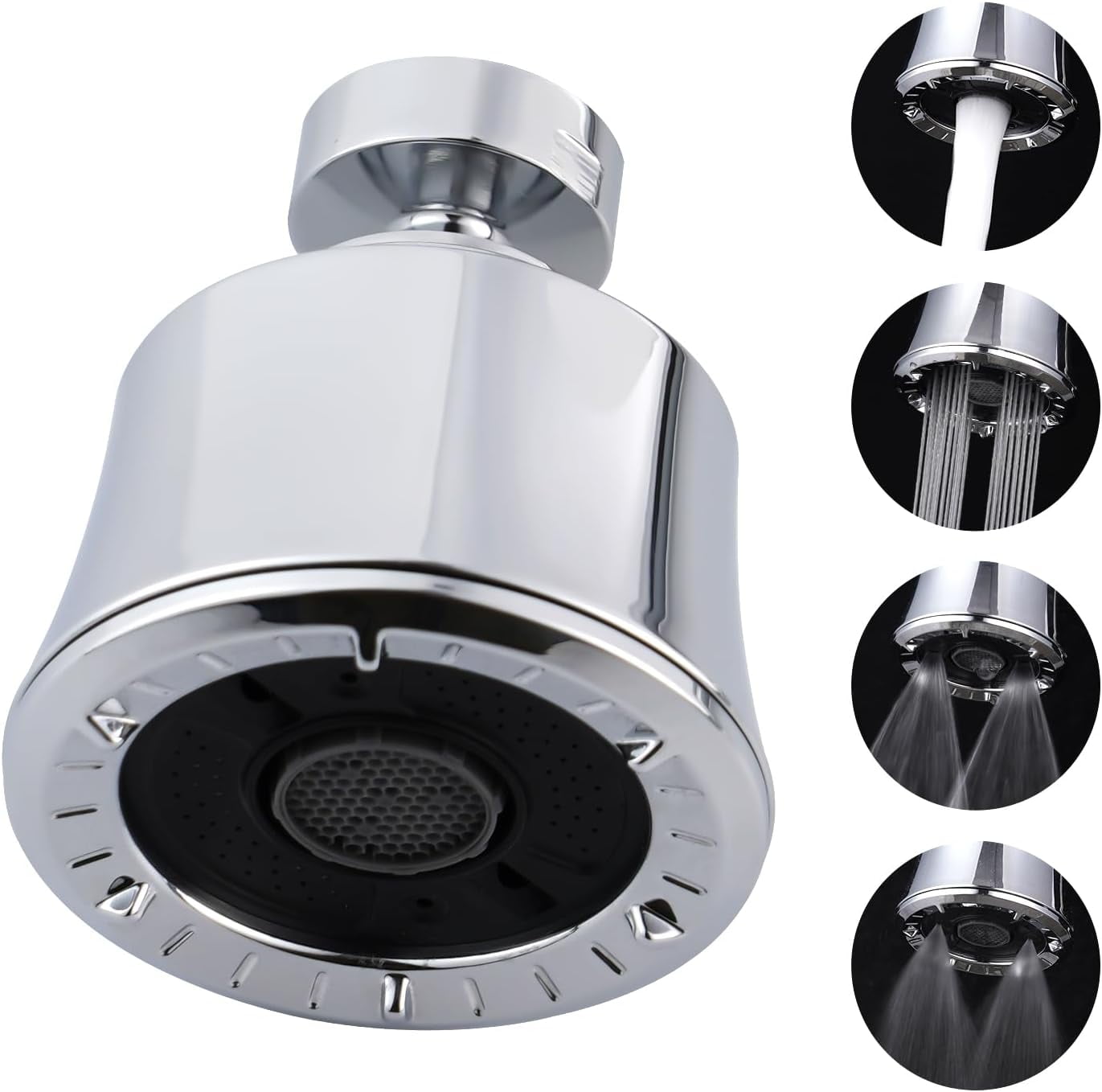 Kitchen Sink Faucet Head with Metal Ball Joint, 360° Swivel Faucet Sprayer Head, Big Angle Sink Faucet Aerator Adapter 55/64-27UNS Female Thread, 4 Spray Modes, Extra Metal Adapters, Chrome