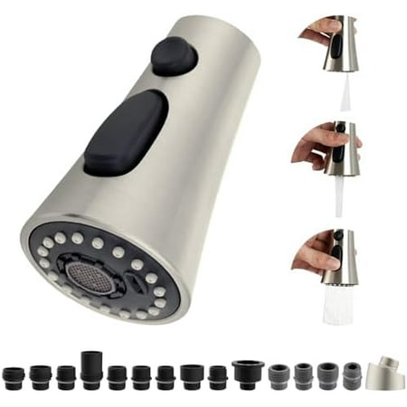 Kitchen Sink Faucet Head Replacement, NSF/ANSI/CAN 61 & CUPC Certified, 3-Function Pull Down Sprayer Nozzle with 15 Adapters, Compatible with Delta, Kohler, Moen Faucets, Brushed Nickel