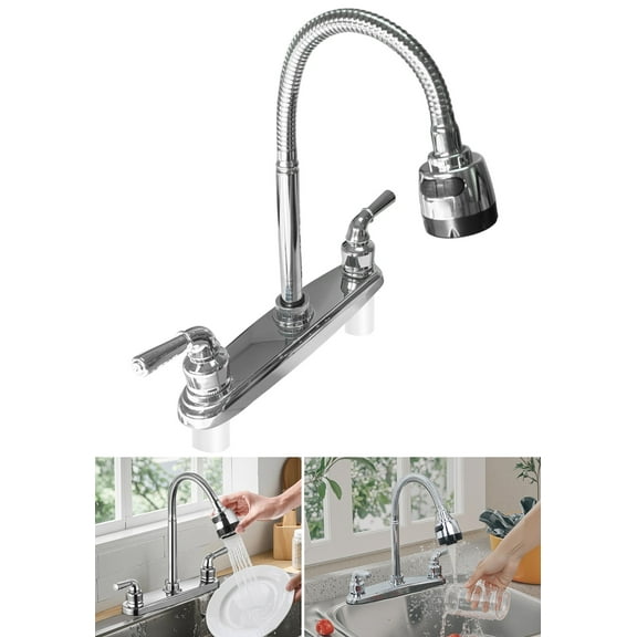 RV Kitchen Faucet, Non-Metallic Camper Kitchen Sink Faucet 8 Inch 2 Hole Double Handles with Flexible Arch 360 Degree Rotatable Spout for Campers, Motorhome, Travel Trailer, Chrome