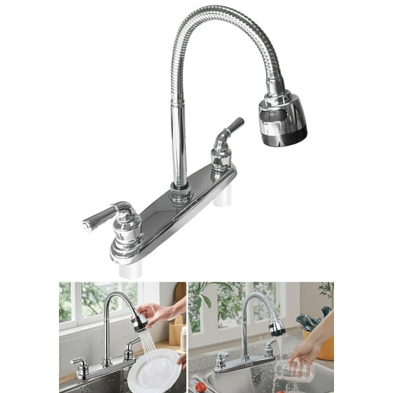RV Kitchen Faucet, Non-Metallic Camper Kitchen Sink Faucet 8 Inch 2 Hole Double Handles with Flexible Arch 360 Degree Rotatable Spout for Campers, Motorhome, Travel Trailer, Black