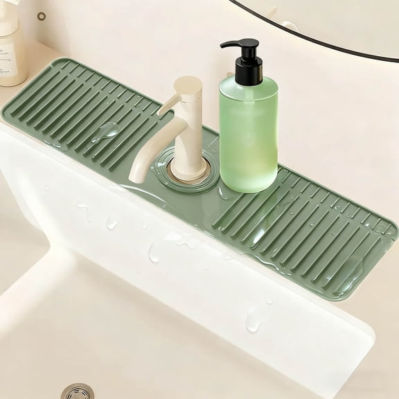 Kitchen Sink Faucet Mat, 2025 New Foldable Faucet Mat for Kitchen Sink, 30in Silicone Faucet Guard & Draining Mat Keep Countertops Dry Splash Guard (Green, 14.57in)