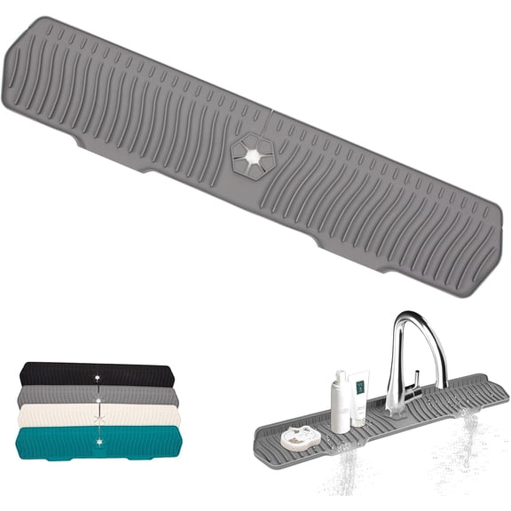 Kitchen Sink Faucet Mat, 30" x 6'' Silicone Faucet Guard & Draining Mat, 90 Foldable Faucet Mat for Kitchen Sink with 2 Water Ports, Splash Guard Kitchen Sink Mat (Gray)