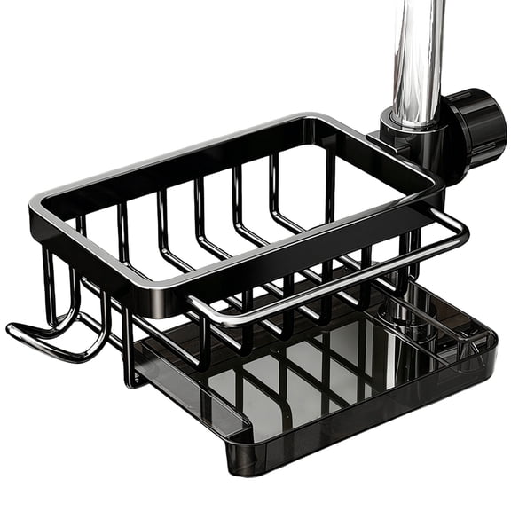 Kitchen Sink Faucet Organizer, 2024 Upgraded Aluminum Sponge Holder for Kitchen with Removable Drain Tray, Adjustable 360 Rotating Sink Caddy for Soap Dish Brush