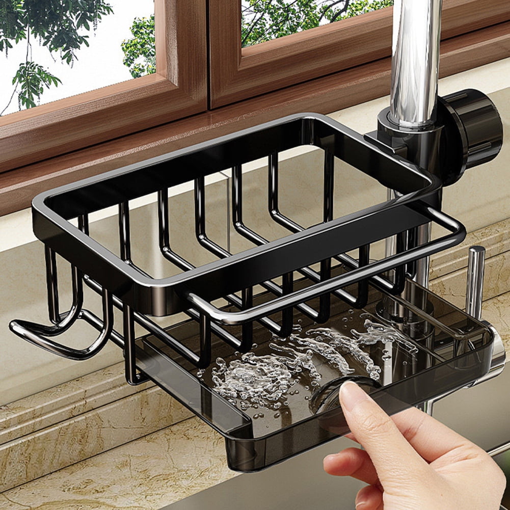 Kitchen Sink Faucet Organizer, Sponge Holder Above Faucet Kitchen Sink Caddy Organizer, Stainless Steel Detachable Hanging Faucet Drain Rack for 0.7-1.1 inch Round Water Pipe (Silver,Left