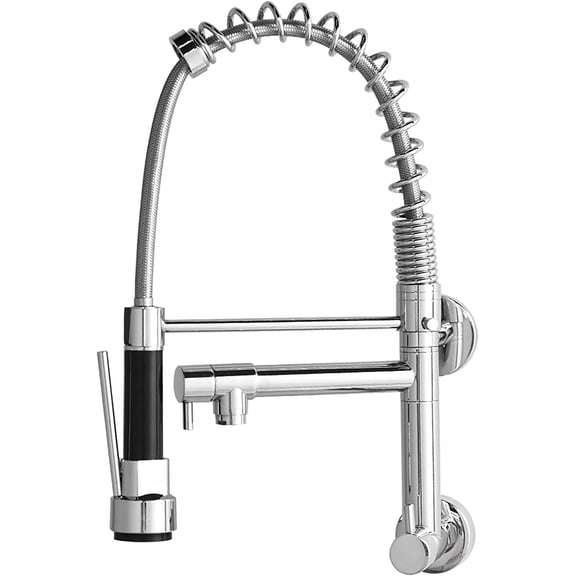 Kitchen Sink Faucet with Pull Down Sprayer, 360°Rotation Wall Mount Spring Kitchen Faucet, Brass Double Handle Sink Tap, Two Water Outlet Modes,Chrome