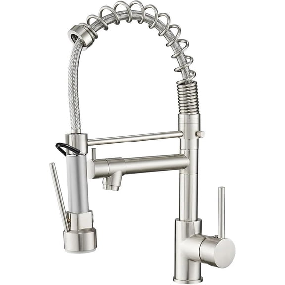 Kitchen Sink Faucet with Pull Down Sprayer, Contemporary Stainless Steel Single Handle Spring Kitchen Faucets Two Outlet with Deck Plate Brushed Nickel