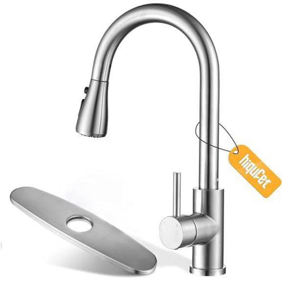 Kitchen Sink Faucet with Pull Down Sprayer with Deck Plate, Brushed Nickel High ArcFaucet, Stainless Steel Modern RV Bar Sink Faucets for Pot Filler, Farmhouse Camper Bar Laundry Room