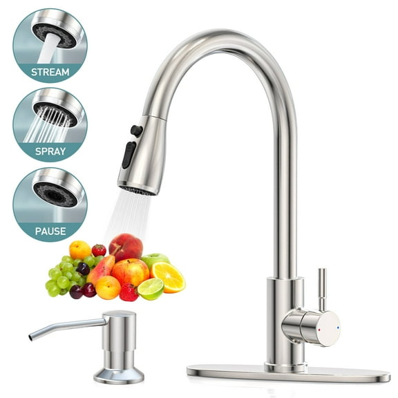 Kitchen Sink Faucet with Soap Dispenser, 3 Modes Kitchen Faucet with Pull Down Sprayer & Deck Plate, SUS304 Stainless Steel, High Arc Single Handle Kitchen Sink Faucet for 1 or 3 Hole, Brushed Nickel