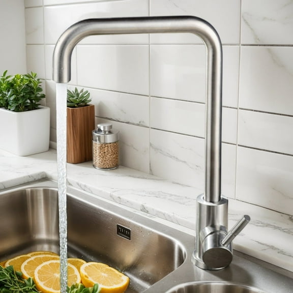 Kitchen Sink Faucet Stainless Steel Brushed Nickel Mix Hot & Cold Water Taper Single Handle Suit for 1 Hole