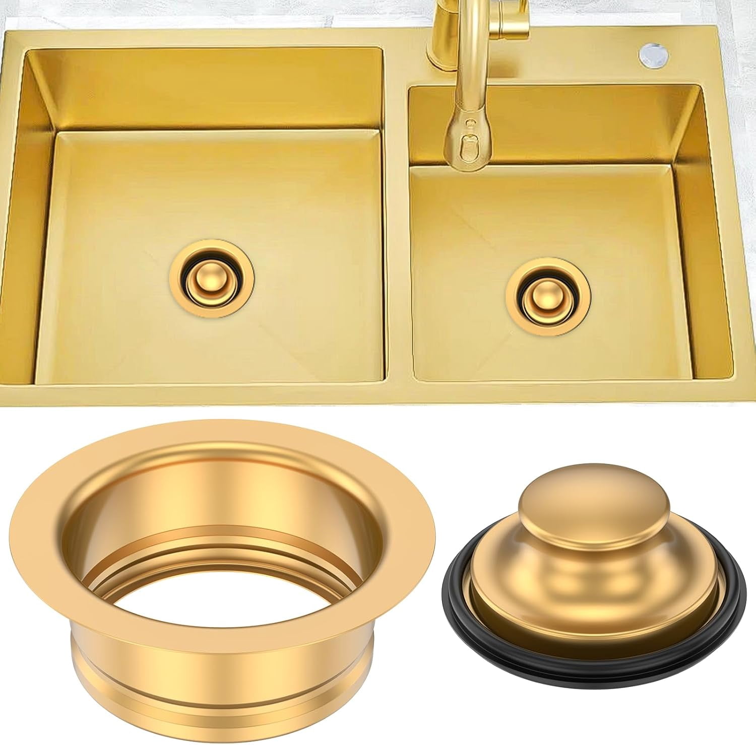 Kitchen Sink Garbage Disposal Flange and Stopper Fit Universal 3-1/2 Inch Standard Drain Hole, Stainless Steel Sink Flange Stopper Replacement Accessories, Gold