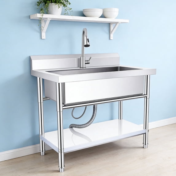 Kitchen Sink with Hot & Cold Water Pipes and pull-out Faucet, Commercial Kitchen Farmhouse Sink, Free-Standing Commercial Sink, Heavy Duty Outdoor Freestanding Kitchen Sink for Farmhouse Kitchen