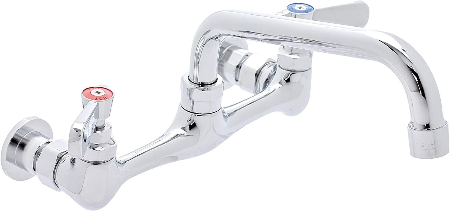 Kitchen Sink No Lead Faucet - DuraSteel 8" Center Wall Mounted Commercial Kitchen Sink Faucet with 6" Swivel Spout - NSF Certified - Dual Lever Handles - Brass Constructed & Chrome Polished