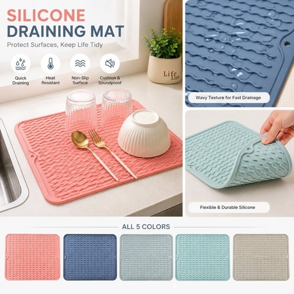 Kitchen Sink Mat, Dishes Drying Mat, Silicone Sink Protectors for Kitchen Sink, Under Sink Mats for Kitchen Waterproof, 2 Pack 16X12 Inch Green Silicone Non-Slip Mat, Sound