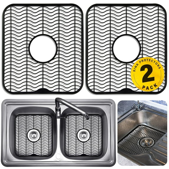 Kitchen Sink Mat Protector, 12x11 Inch Dish Rack, Raised Feet for Drainage, Scratch Resistant Surface, Dishwasher Safe, 2 Pack, Black
