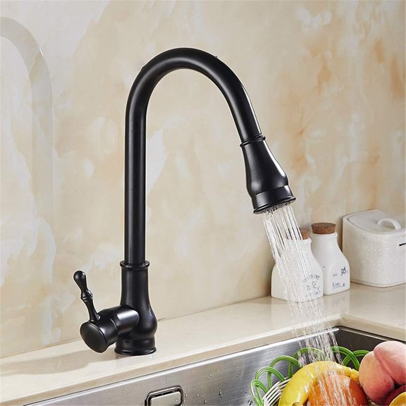 Kitchen Sink Mixer Tap, Pull Out Spray Kitchen Faucet Black Paint Sink Mixer Tap 360 Degree Rotation Deck Mounted Single Lever Retro