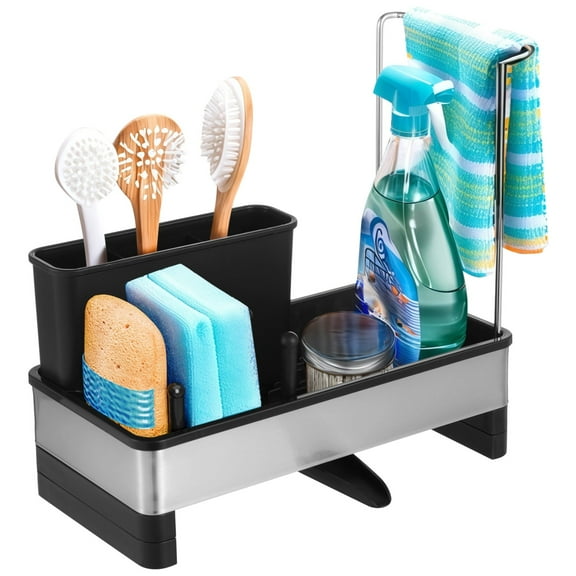 Kitchen Sink Organizer with Drain Tray, Stainless Steel and Plastic Sink Caddy, Adjustable Divider and Towel Rack, Includes Brush Holder and Non-Slip Base, Perfect for Kitchen Cleaning Tools
